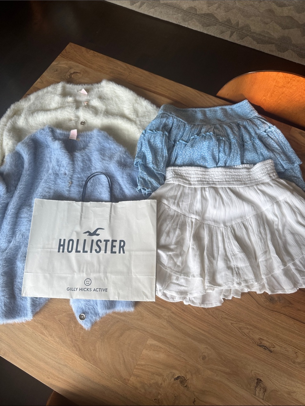 Hollister Cream & Light Blue Fuzzy Cardigan and skirt sets- Cozy Layering - Picture 2 of 10